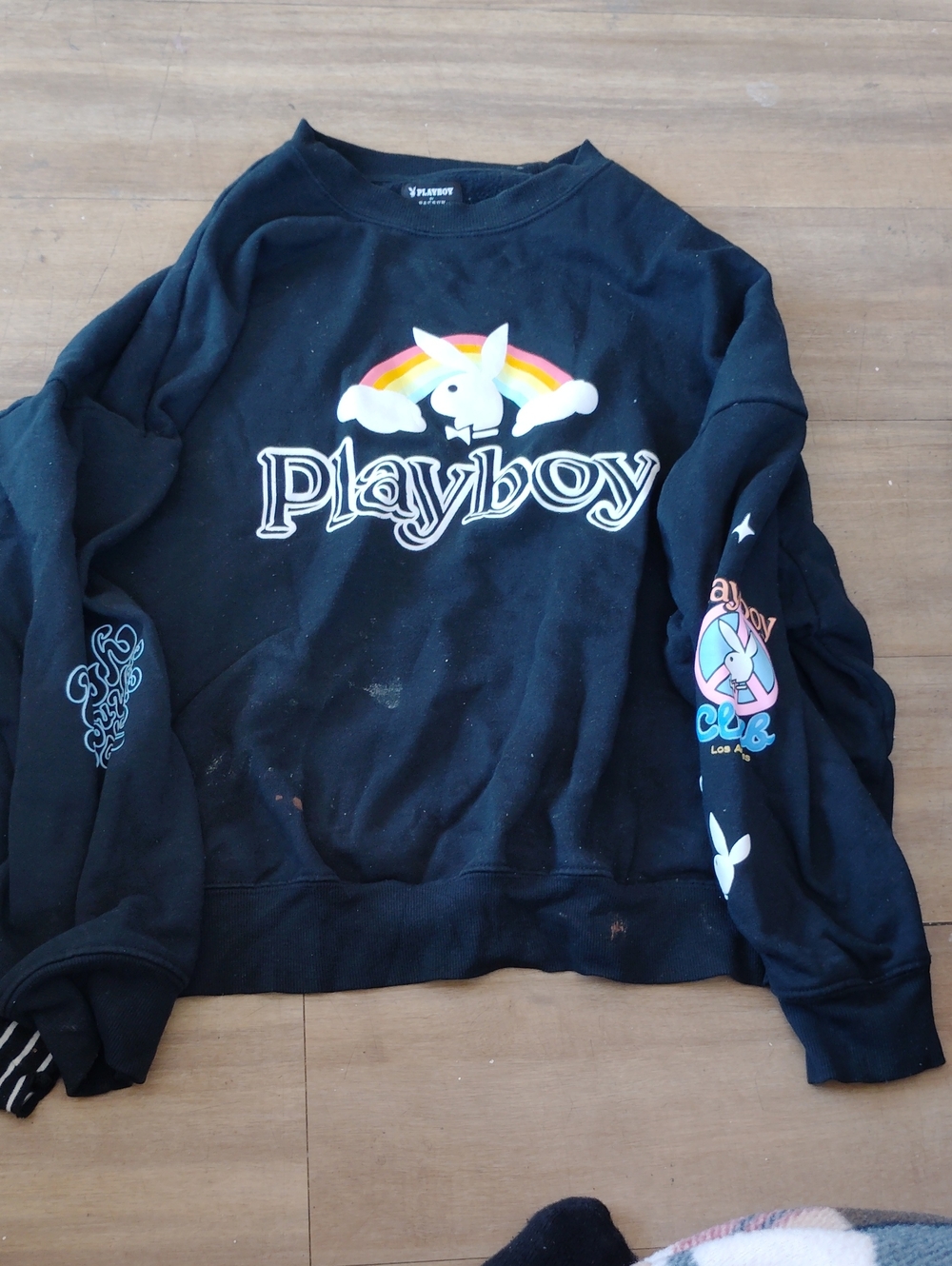 PLAYBOY By Pacsun Black Sweatshirt with Rainbow Bunny Graphic Size One Size